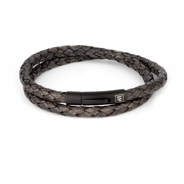 "Arcas Antique Black Braided" - Leather Bracelet, Double Wrap, Stainless Steel Clasp