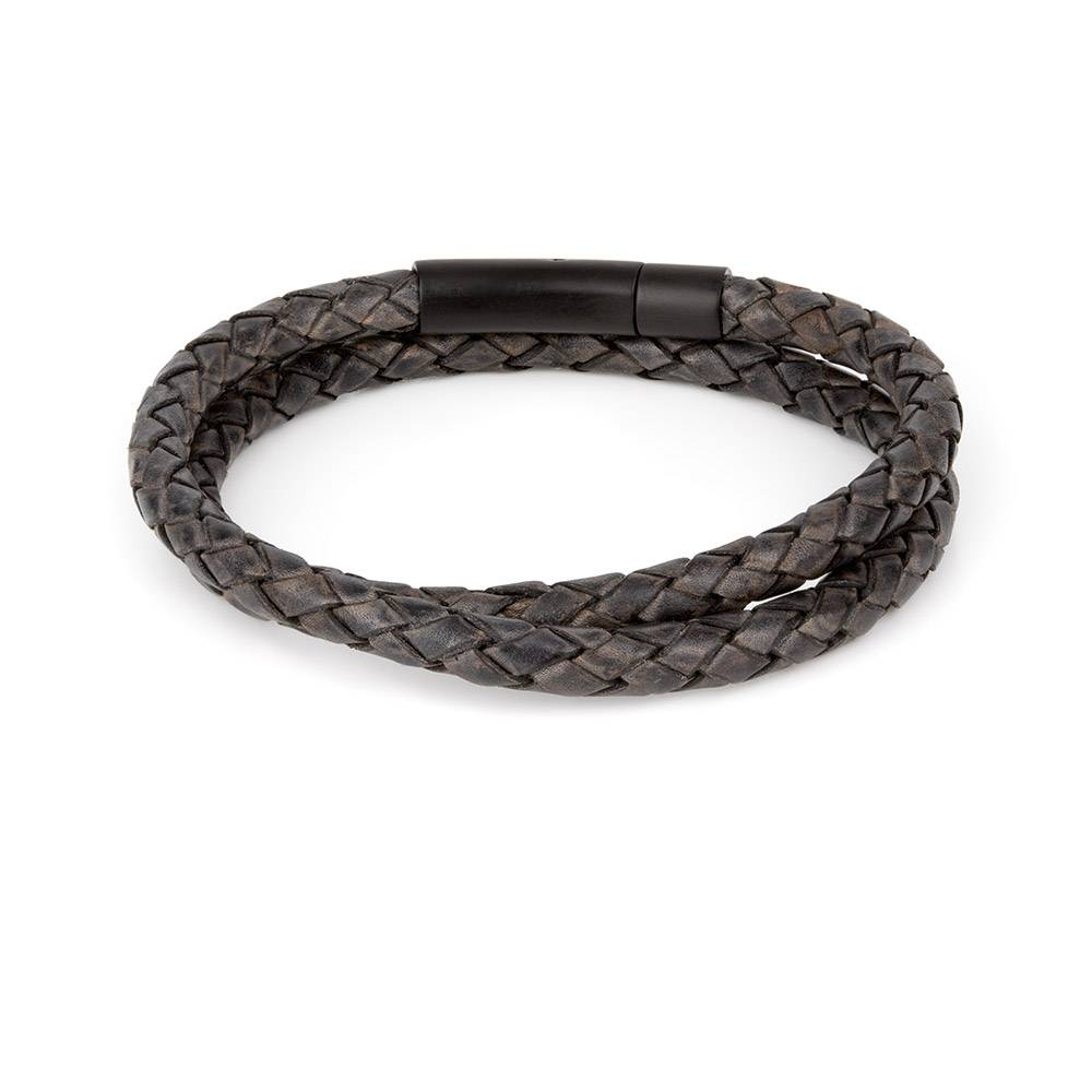 Men's Double Braided Black Leather Bracelet with Stainless Steel Clasp Bangle 8" 