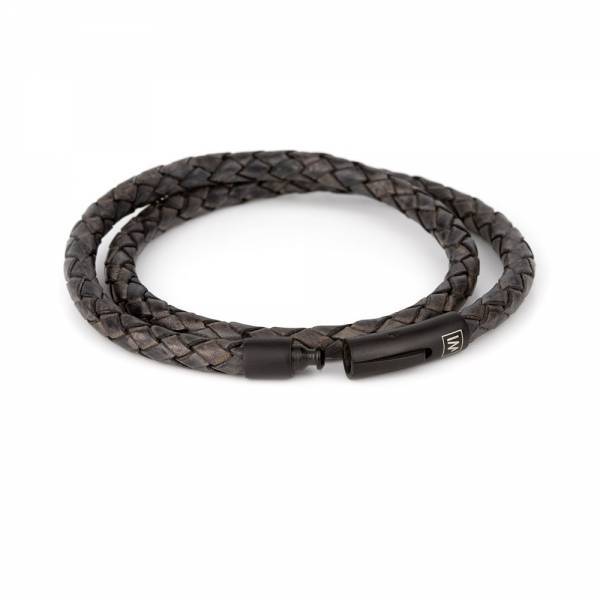 "Arcas Antique Black Braided" - Leather Bracelet, Double Wrap, Stainless Steel Clasp