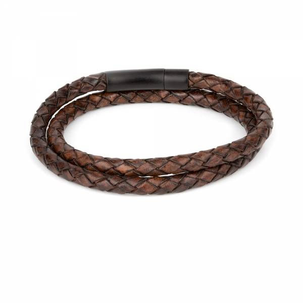 "Arcas Cognac Braided" - Leather Bracelet, Double Wrap, Stainless Steel Clasp