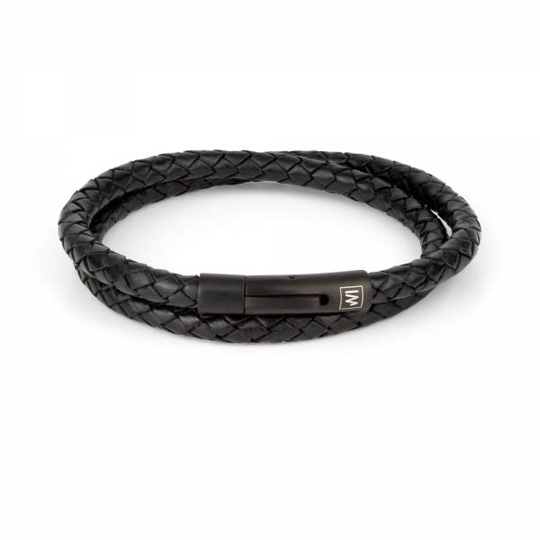 "Arcas Black Braided" - Leather Bracelet, Double Wrap, Stainless Steel Clasp