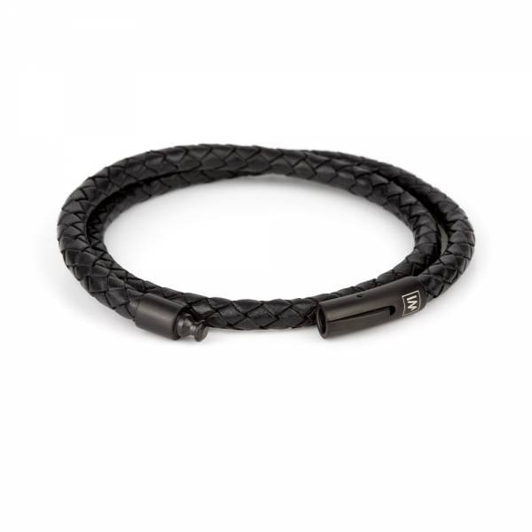"Arcas Black Braided" - Leather Bracelet, Double Wrap, Stainless Steel Clasp