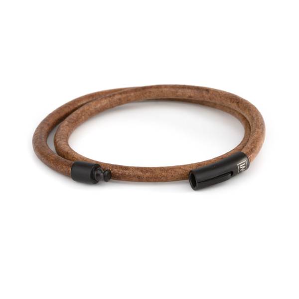 "Arcas Bourbon" - Brown Leather Bracelet, Double Wrap, Stainless Steel Clasp