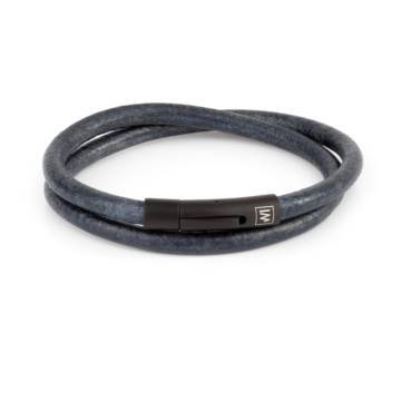 "Arcas Denim Blue" - Leather Bracelet, Double Wrap, Stainless Steel Clasp