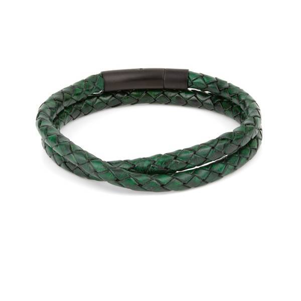 "Arcas Green Braided" - Leather Bracelet, Double Wrap, Stainless Steel Clasp