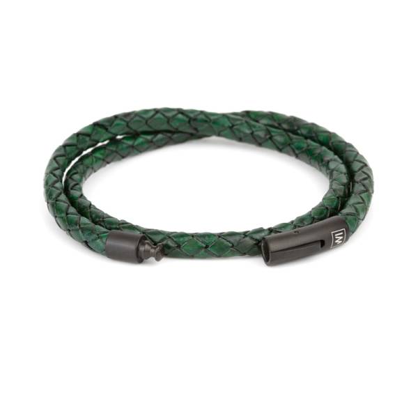 "Arcas Green Braided" - Leather Bracelet, Double Wrap, Stainless Steel Clasp