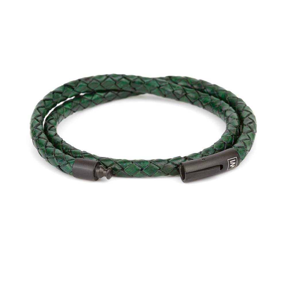 Braided leather bracelet - red and dark green strips of leather