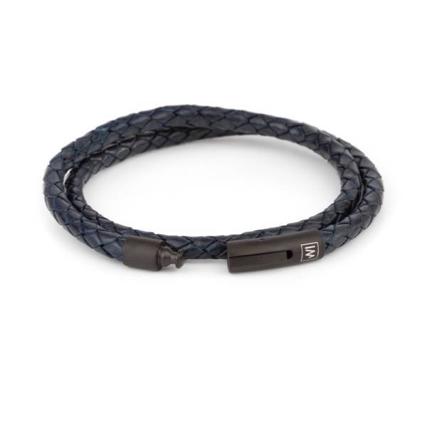 "Arcas Midnight Blue Braided" - Leather Bracelet, Double Wrap, Stainless Steel Clasp