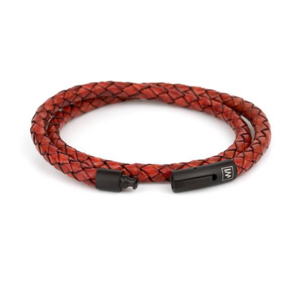 "Arcas Red Braided" - Leather Bracelet, Double Wrap, Stainless Steel Clasp