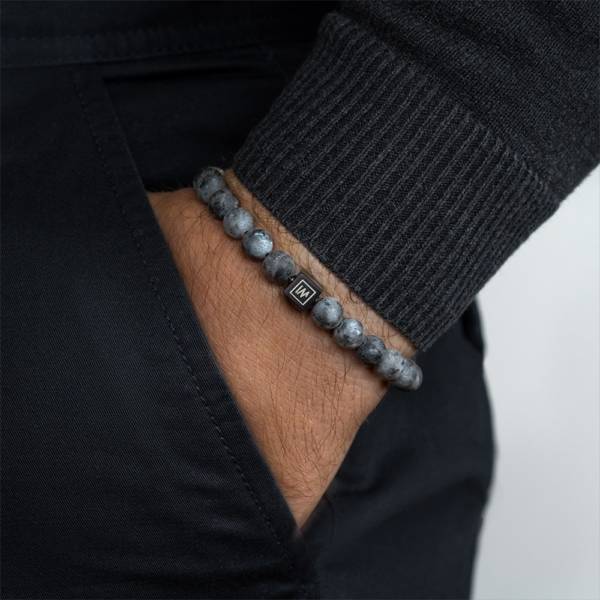 "Black Aurora" - Black Labradorite Beaded Stretch Bracelet, Stainless Steel