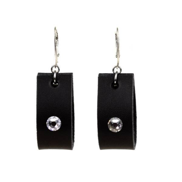 "Confidence Star" - Leather Drop Earrings with Swarovski Crystal, 925 Sterling Silver Leverbacks