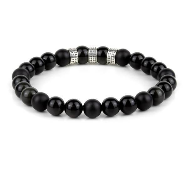 "Dragonglass Protector Silver Trio" - Black Obsidian and Black Agate Beaded Bracelet, Sterling Silver