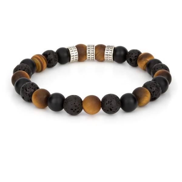 "Endurance Muted Silver Trio" - Tiger Eye, Black Agate and Lava Stone Beaded Stretch Bracelet, Sterling Silver