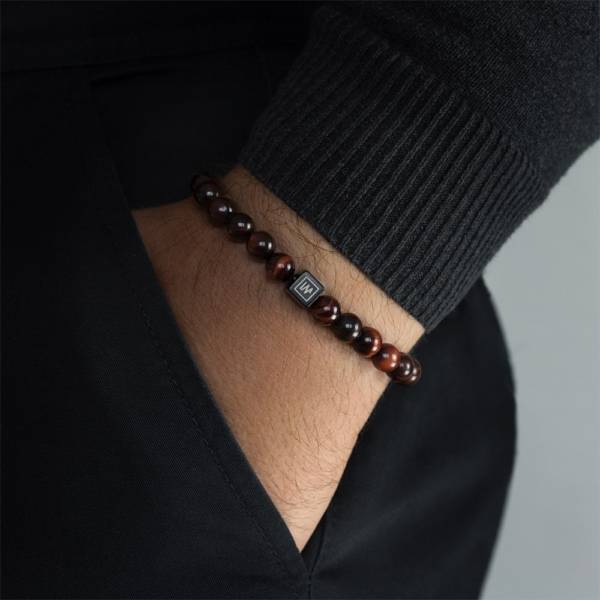 "Fire Tiger" - Red Tiger Eye Beaded Stretch Bracelet, Stainless Steel