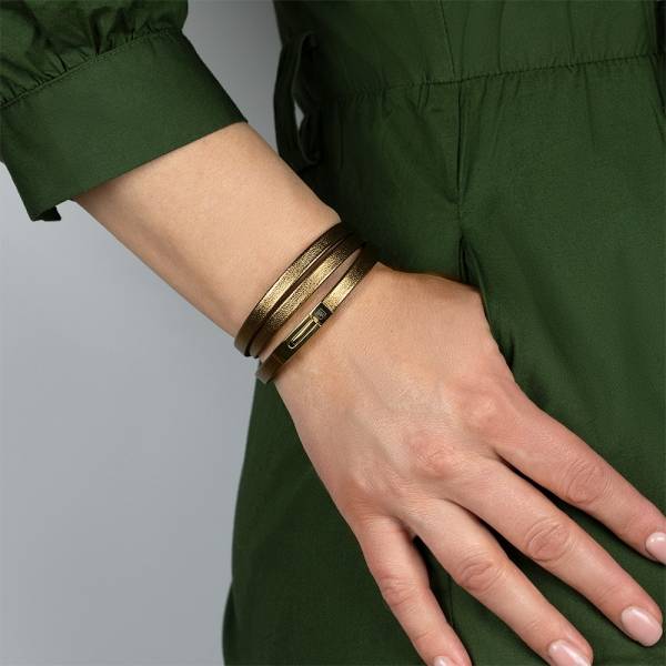 "Golden Evening" - Leather Bracelet, Double Wrap Stainless Steel Clasp