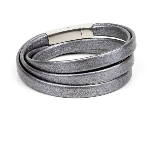 "Graphite" - Leather Bracelet, Double Wrap Stainless Steel Clasp