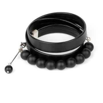 "Black Intense" - Black Agate Beaded Leather Wrap Bracelet