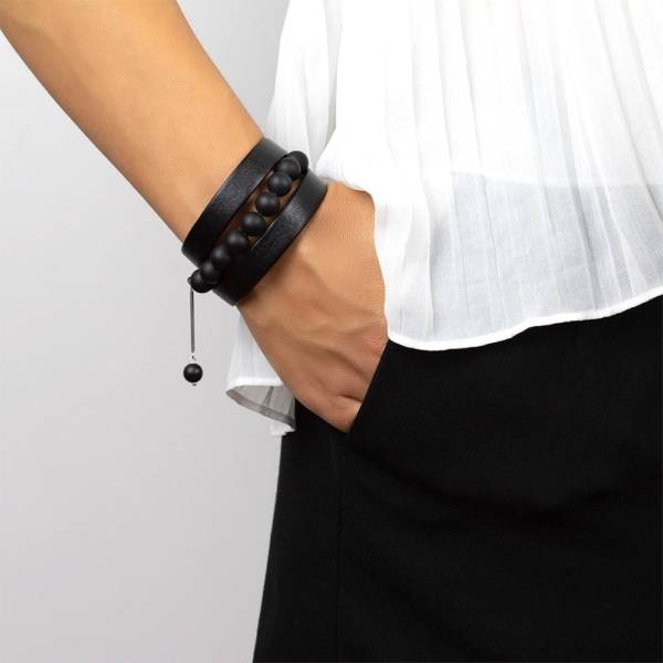 "Black Intense" - Black Agate Beaded Leather Wrap Bracelet