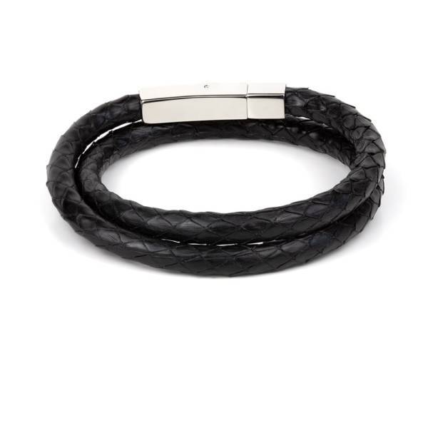 "Black Python Double" - Python Leather Bracelet, Snakeskin, Double Wrap, Stainless Steel