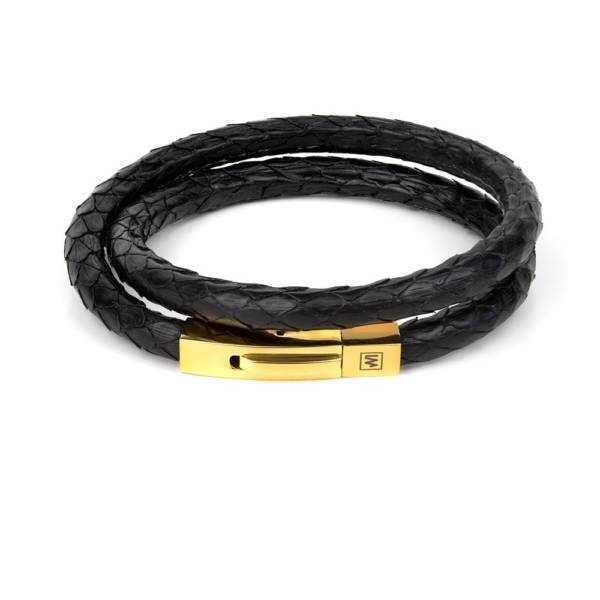 "Black Python Double" - Python Leather Bracelet, Snakeskin, Double Wrap, Golden Stainless Steel