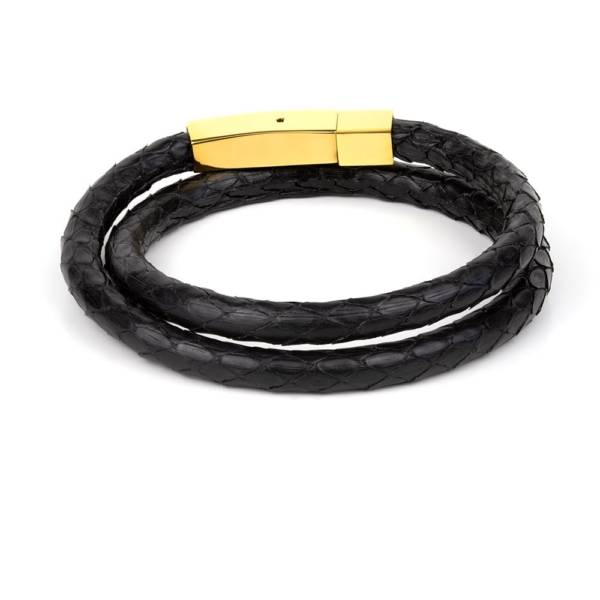 "Black Python Double" - Python Leather Bracelet, Snakeskin, Double Wrap, Golden Stainless Steel