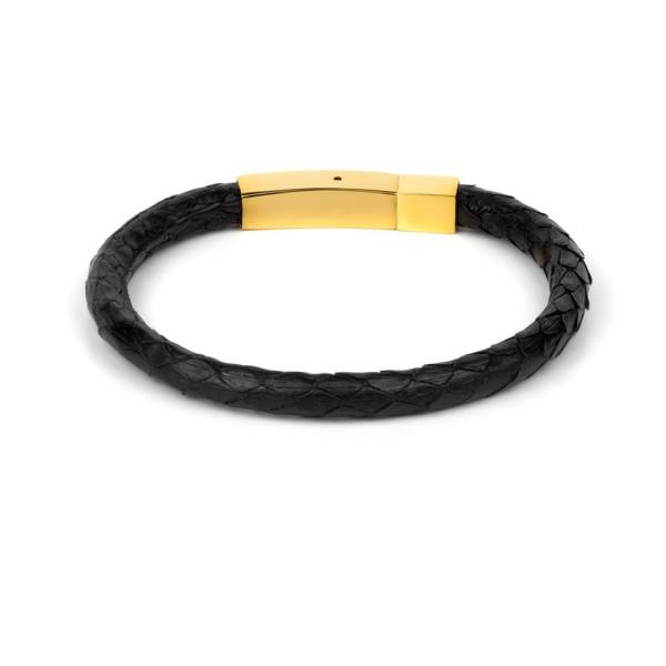 "Black Python" - Python Leather Bracelet, Snakeskin, Single Wrap, Golden Stainless Steel