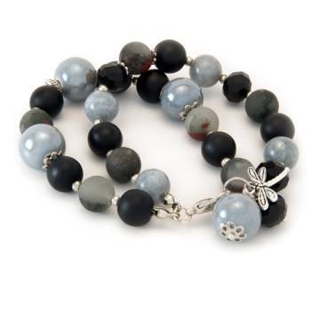 "Bloodstone Relief" - Bloodstone, Shungite, Grey Jade, Crystal Beads and Ceramic Women's Beaded Bracelet
