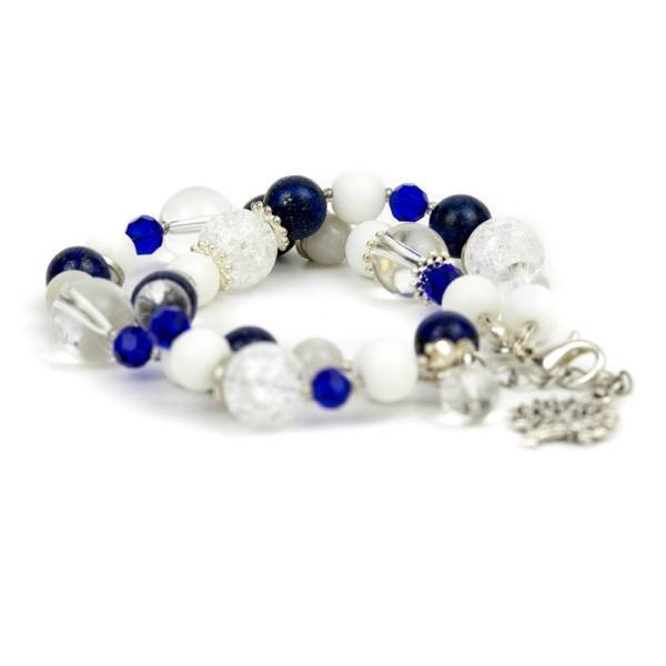 "Blue Ocean Sky" - Lapis Lazuli, Clear Quartz, White Onyx and Grey Jade Women's Beaded Bracelet