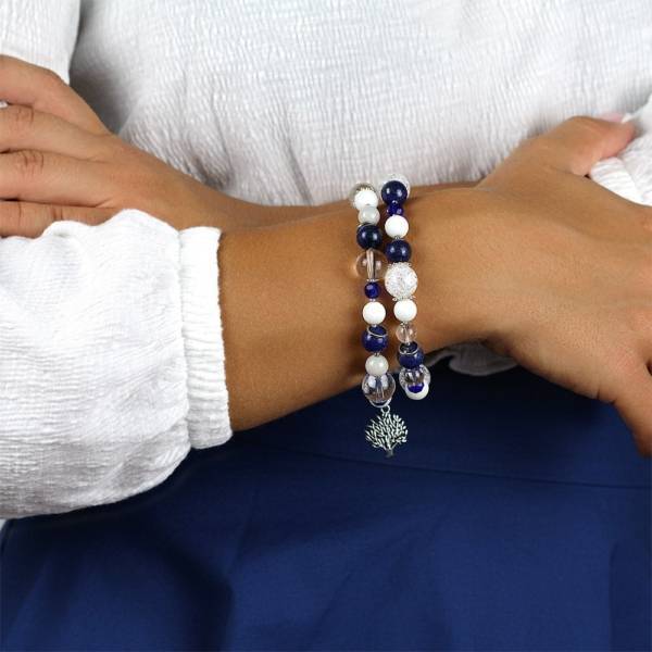 "Blue Ocean Sky" - Lapis Lazuli, Clear Quartz, White Onyx and Grey Jade Women's Beaded Bracelet