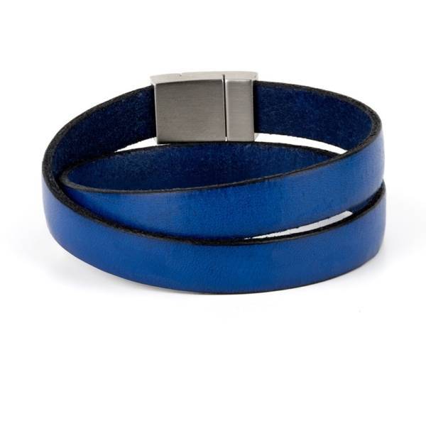 "Blue Wind Double" - Leather Bracelet, Double Wrap Stainless Steel Clasp