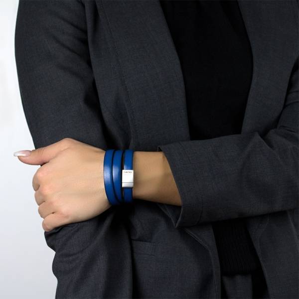 "Blue Wind Triple" - Leather Bracelet, Triple Wrap Stainless Steel Clasp