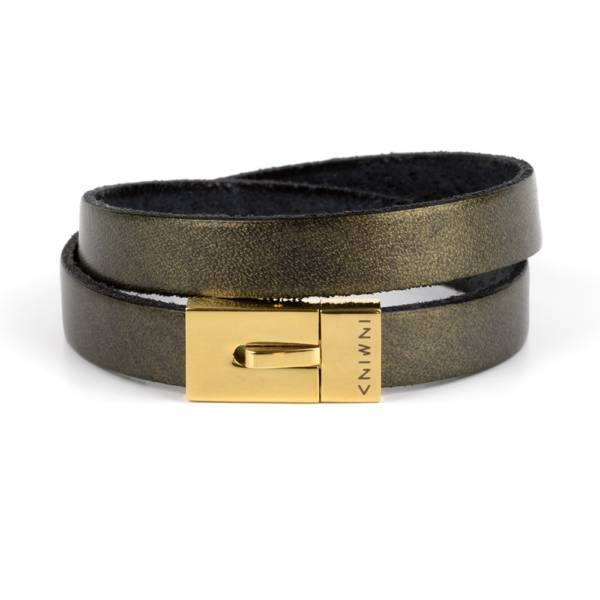 "Dark Gold Double" - Leather Bracelet, Double Wrap Stainless Steel Clasp