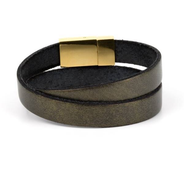 "Dark Gold Double" - Leather Bracelet, Double Wrap Stainless Steel Clasp