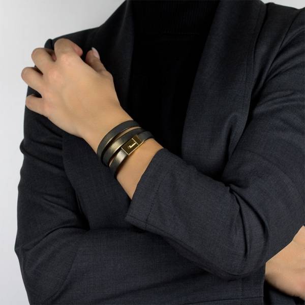 "Dark Gold Triple" - Leather Bracelet, Triple Wrap Stainless Steel Clasp