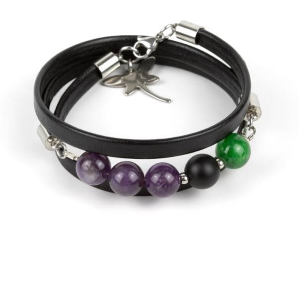 "Forest Tale" - Amethyst, Shungite and Green Marble Beaded Leather Wrap Bracelet