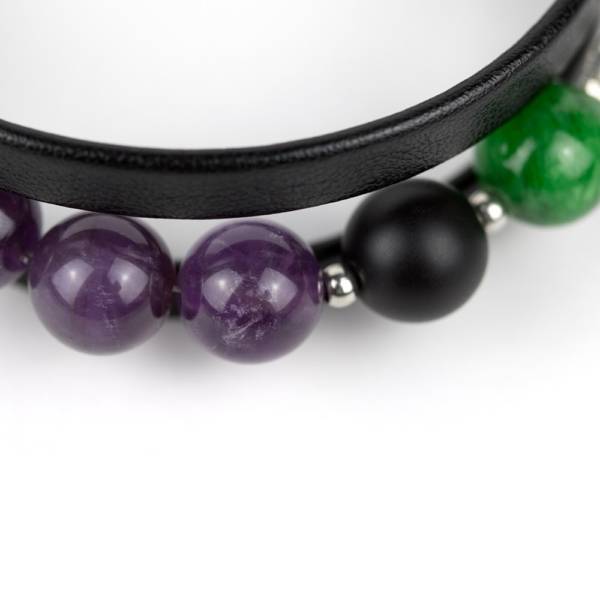 "Forest Tale" - Amethyst, Shungite and Green Marble Beaded Leather Wrap Bracelet