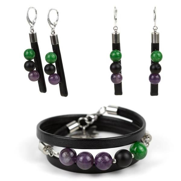 "Forest Tale Set" - Amethyst, Shungite and Green Marble Beaded Leather Wrap Bracelet and Earrings Set