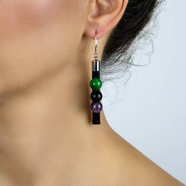 "Forest Tale" - Amethyst, Shungite and Green Marble Leather Drop Earrings, 925 Sterling Silver Leverbacks
