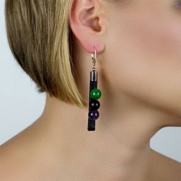 "Forest Tale" - Amethyst, Shungite and Green Marble Leather Drop Earrings, 925 Sterling Silver Leverbacks