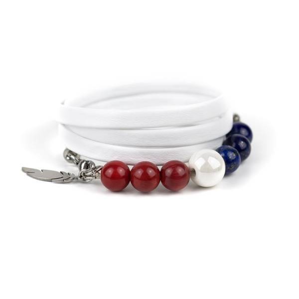 "French Elegance" - Lapis Lazuli, Red Coral and Ceramic Beaded Leather Wrap Bracelet