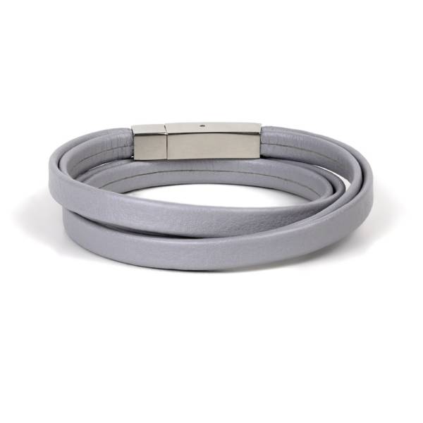"Grey Serenity" - Leather Bracelet, Double Wrap Stainless Steel Clasp