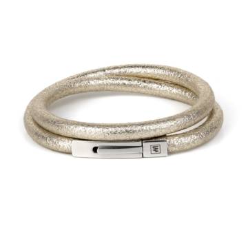 "Ice Gold" - Fancy Leather Bracelet, Exotic, Double Wrap, Stainless Steel