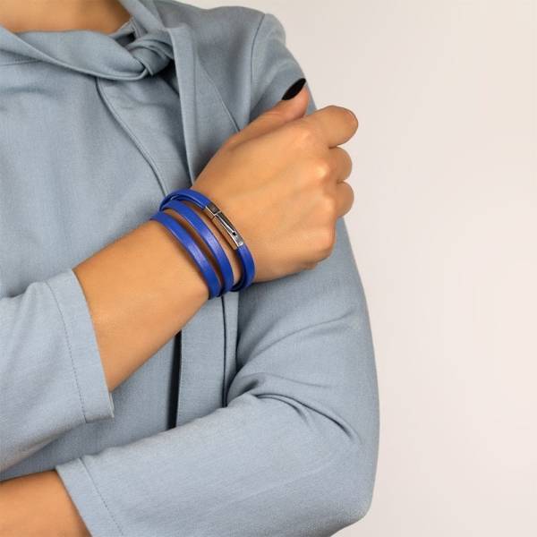 "Immortal Blue" - Leather Bracelet, Double Wrap Stainless Steel Clasp