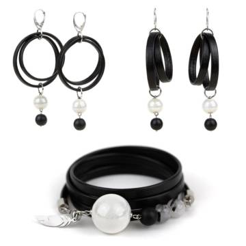 "Imperial Shield Set" - Tourmaline Quartz, Shungite and Ceramic Beaded Leather Wrap Bracelet and Earrings Set