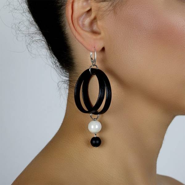 "Imperial Shield" - Shungite and Ceramic Leather Drop Earrings, 925 Sterling Silver Leverbacks