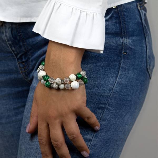 "Lucky Transformation" - Green Malachite, Grey Jade, Marble, Clear Quartz and Ceramic Women's Beaded Bracelet
