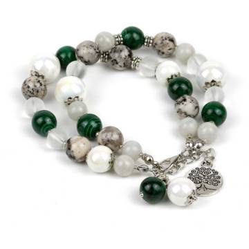 "Lucky Transformation" - Green Malachite, Grey Jade, Marble, Clear Quartz and Ceramic Women's Beaded Bracelet