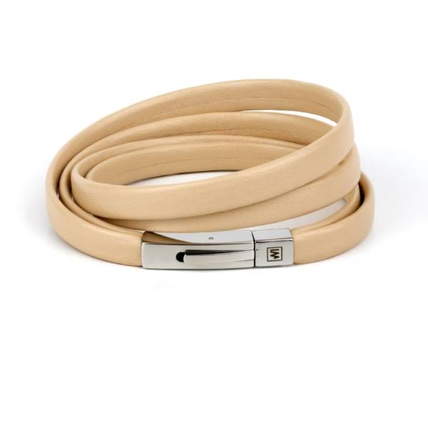 "Modern Beige" - Leather Bracelet, Double Wrap Stainless Steel Clasp