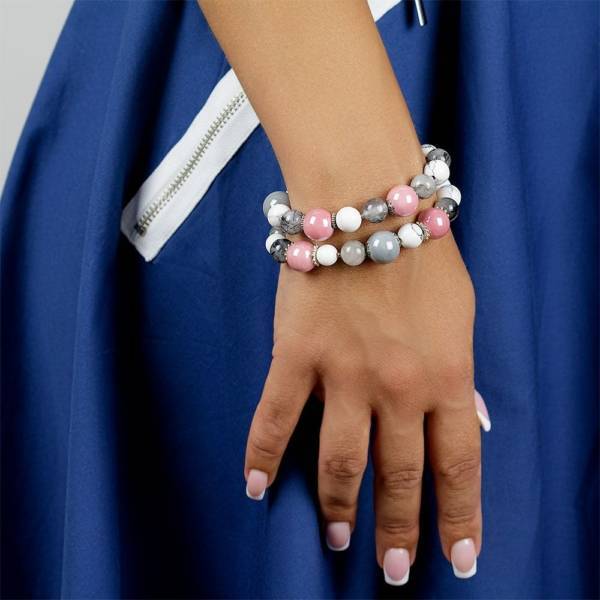 "Pink Grey" - White Onyx, Howlite, Tourmaline Quartz and Ceramic Women's Beaded Bracelet
