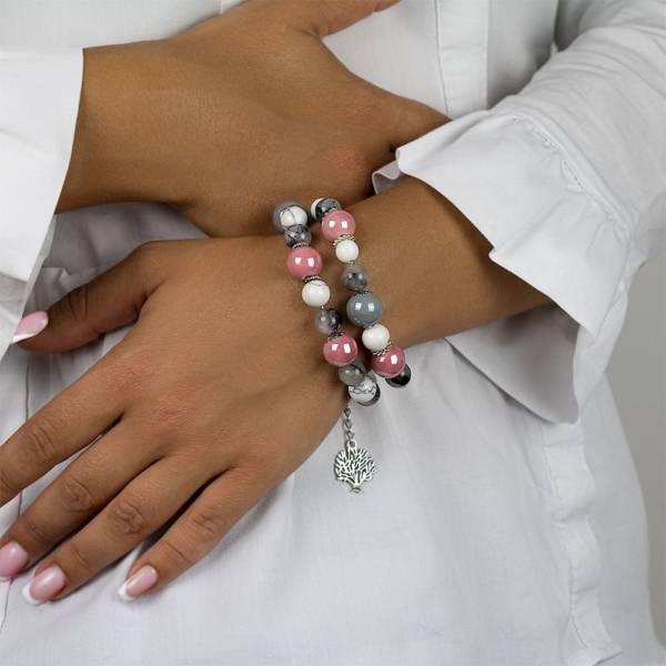 "Pink Grey" - White Onyx, Howlite, Tourmaline Quartz and Ceramic Women's Beaded Bracelet